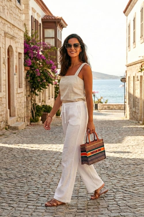 Pamuklu Relaxed Fit Geniş Paça Müslin Kadın Pantolon 668YP5502 BEYAZ