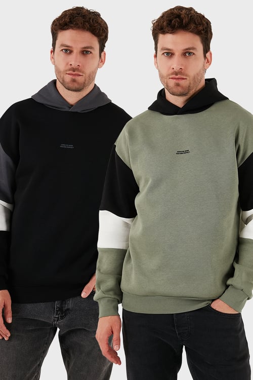 Pamuklu Relaxed Fit Kapüşonlu İçi Tüylü Yumuşak Şardonlu 2' li Paket Erkek Sweat 5905299S2 HAKİ-SİYAH