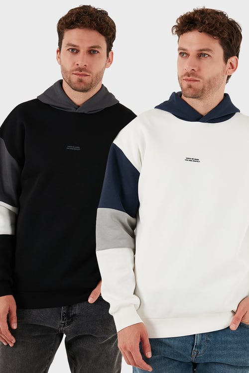 Pamuklu Relaxed Fit Kapüşonlu İçi Tüylü Yumuşak Şardonlu 2' li Paket Erkek Sweat 5905299S2 EKRU-SİYAH
