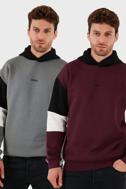 Pamuklu Relaxed Fit Kapüşonlu İçi Tüylü Yumuşak Şardonlu 2' li Paket Erkek Sweat 5905299S2 Açık Haki-Vişne