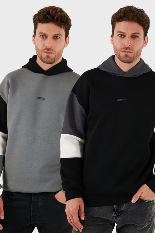 Pamuklu Relaxed Fit Kapüşonlu İçi Tüylü Yumuşak Şardonlu 2' li Paket Erkek Sweat 5905299S2 Siyah-Açık Haki