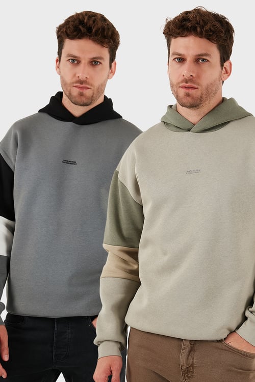 Pamuklu Relaxed Fit Kapüşonlu İçi Tüylü Yumuşak Şardonlu 2' li Paket Erkek Sweat 5905299S2 Taş-Açık Haki