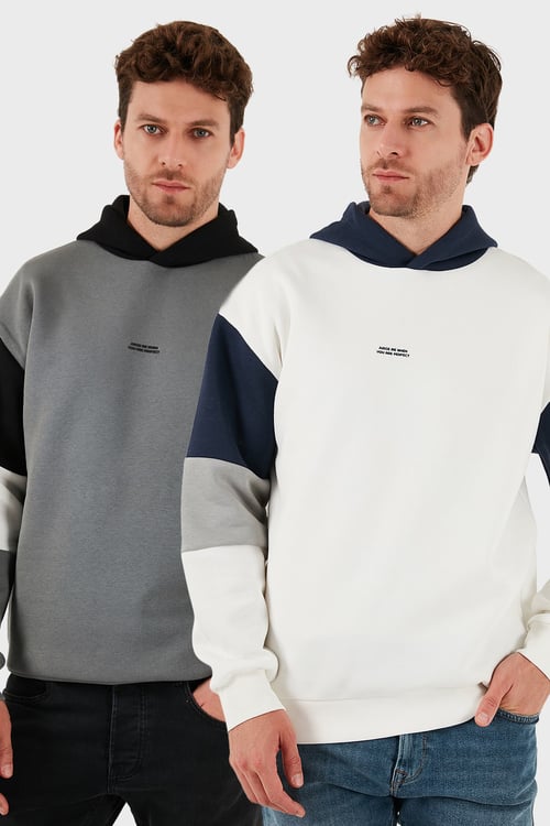 Pamuklu Relaxed Fit Kapüşonlu İçi Tüylü Yumuşak Şardonlu 2' li Paket Erkek Sweat 5905299S2 Açık Haki-Ekru