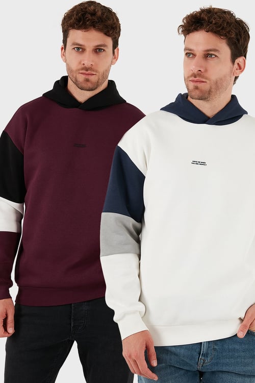 Pamuklu Relaxed Fit Kapüşonlu İçi Tüylü Yumuşak Şardonlu 2' li Paket Erkek Sweat 5905299S2 EKRU-VİŞNE