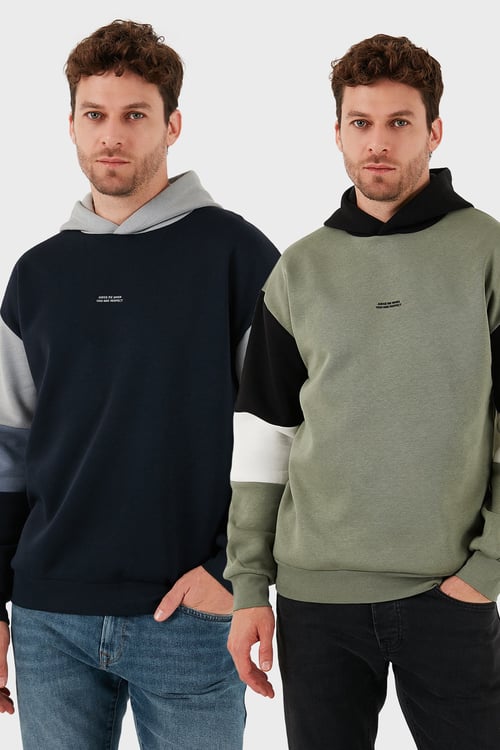 Pamuklu Relaxed Fit Kapüşonlu İçi Tüylü Yumuşak Şardonlu 2' li Paket Erkek Sweat 5905299S2 Haki-Koyu Lacivert