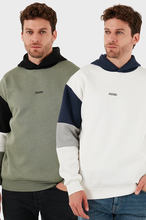 Pamuklu Relaxed Fit Kapüşonlu İçi Tüylü Yumuşak Şardonlu 2' li Paket Erkek Sweat 5905299S2 Ekru-Haki