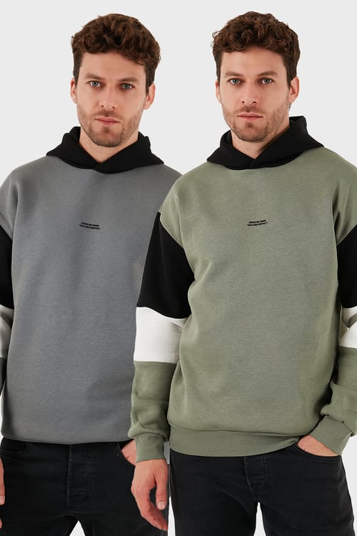 Pamuklu Relaxed Fit Kapüşonlu İçi Tüylü Yumuşak Şardonlu 2' li Paket Erkek Sweat 5905299S2 Açık Haki-Haki