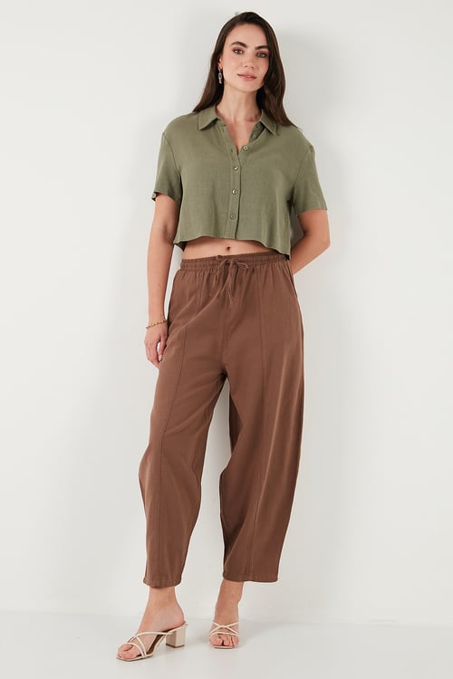 Pamuklu Relaxed Fit Normal Bel Daralan Paça Kadın Pantolon 668YP5198 KAHVE