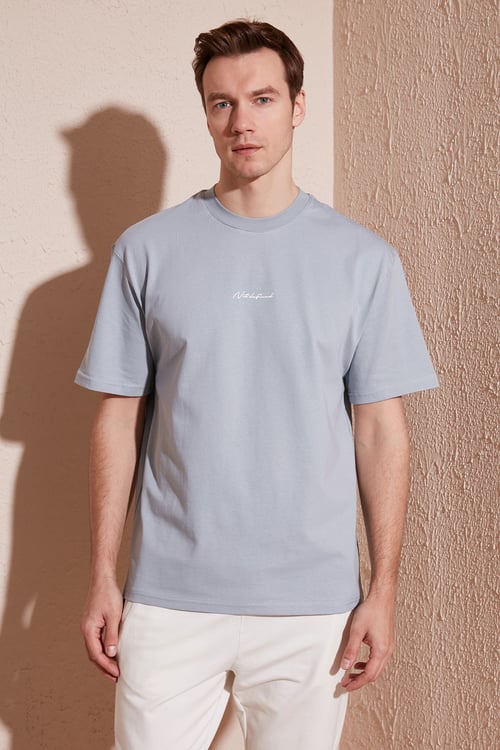 Pamuklu Relaxed Fit Sıfır Yaka Erkek T Shirt 5902702 AÇIK GRİ