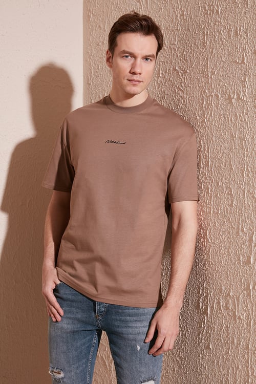 Pamuklu Relaxed Fit Sıfır Yaka Erkek T Shirt 5902702 TOPRAK