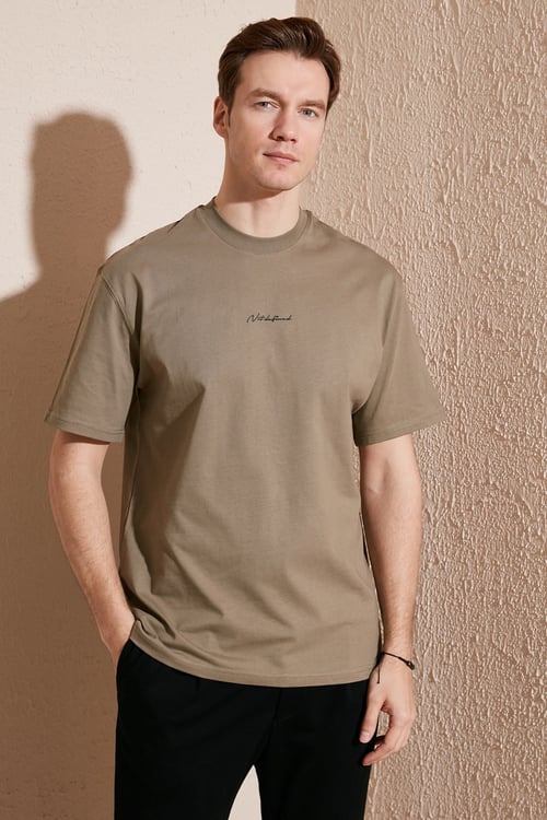 Pamuklu Relaxed Fit Sıfır Yaka Erkek T Shirt 5902702 Vizon Yeşili