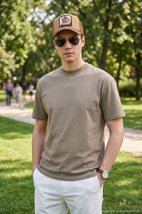 Pamuklu Relaxed Fit Sıfır Yaka Erkek T Shirt 5905446 VİZON