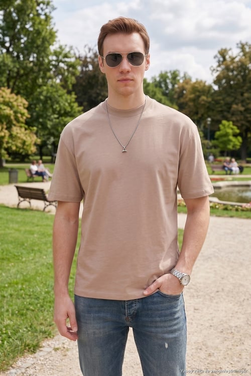 Pamuklu Relaxed Fit Sıfır Yaka Erkek T Shirt 5905446 KUM