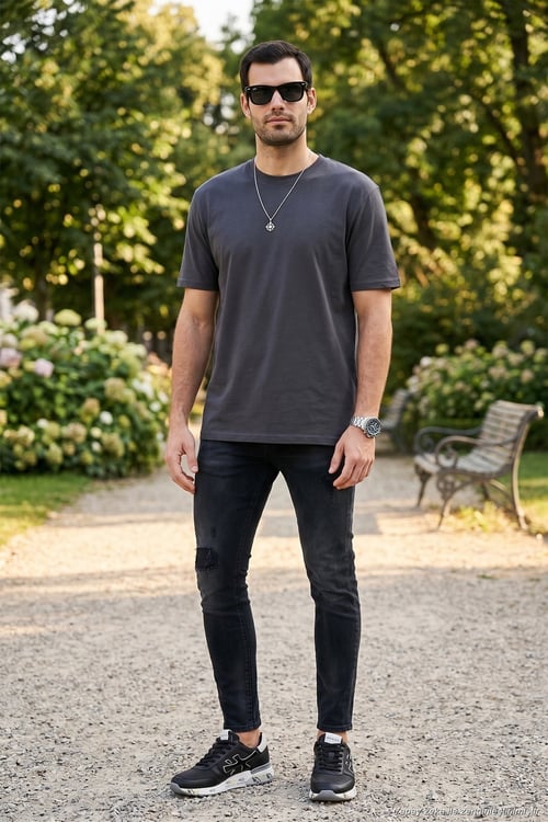 Pamuklu Relaxed Fit Sıfır Yaka Erkek T Shirt 5905446 KOYU ANTRASİT