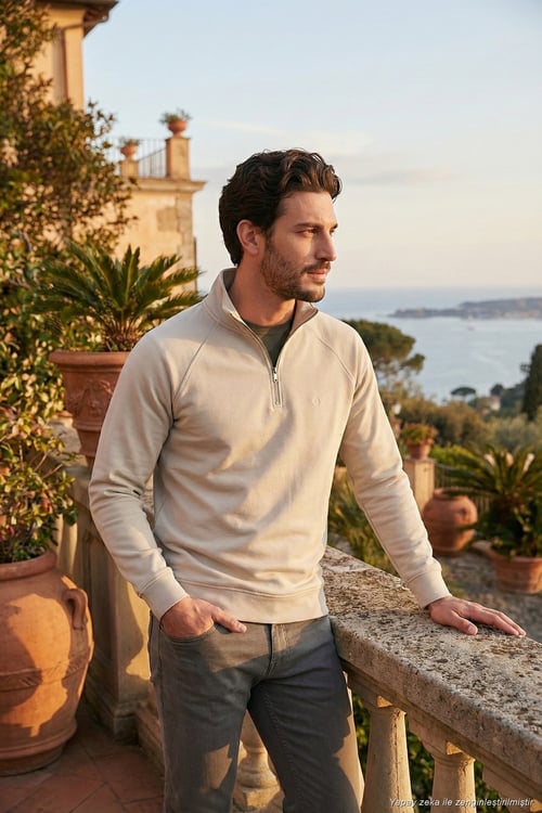 Pamuklu Relaxed Fit Yarım Fermuarlı Dik Yaka Erkek Sweat 5901232 TAŞ