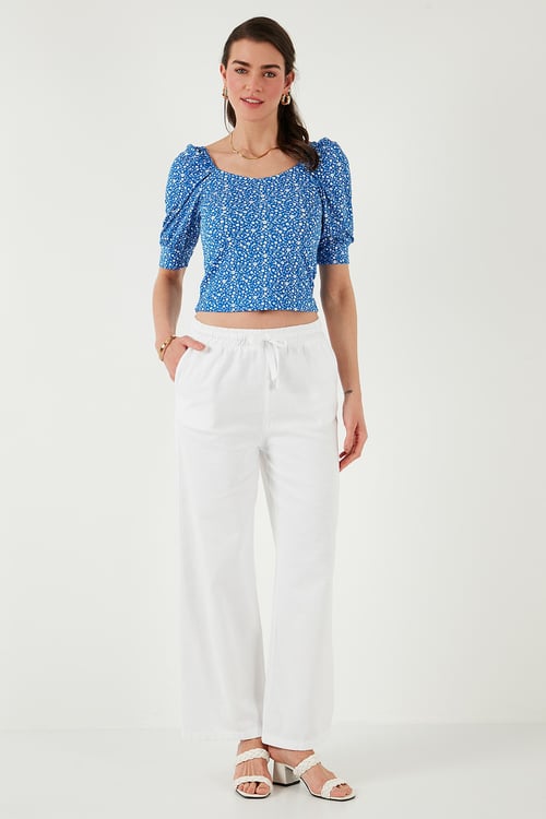 Pamuklu Relaxed Fit Yüksek Bel Bol Paça Kadın Pantolon 668YP5118 BEYAZ