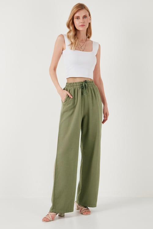 Pamuklu Relaxed Fit Yüksek Bel Bol Paça Kadın Pantolon 668YP5118 HAKİ