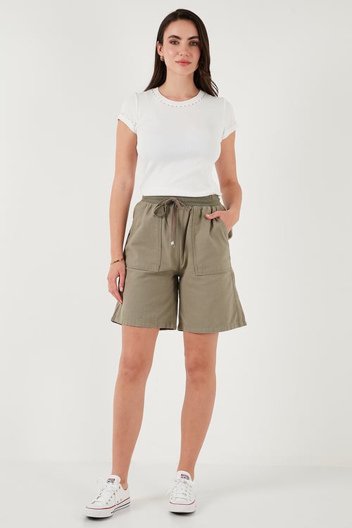 Pamuklu Relaxed Fit Yüksek Bel Cepli Mini Kadın Şort 668YP5384 HAKİ