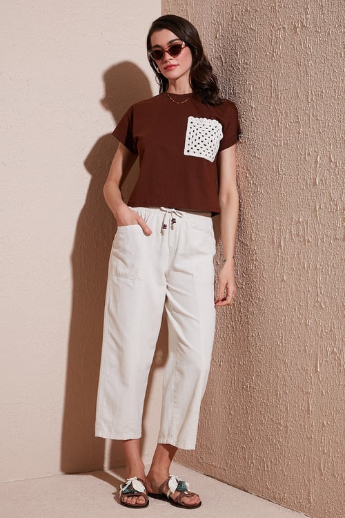 Pamuklu Relaxed Fit Yüksek Bel Geniş Kısa Paça Kadın Pantolon 668YP5318 TAŞ