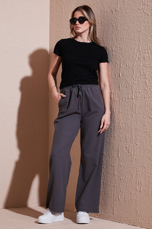 Pamuklu Relaxed Fit Yüksek Bel Geniş Paça Kadın Pantolon 668YP5275 ANTRASİT