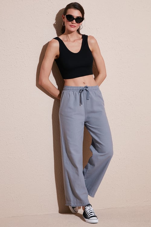 Pamuklu Relaxed Fit Yüksek Bel Geniş Paça Kadın Pantolon 668YP5275 GRİ