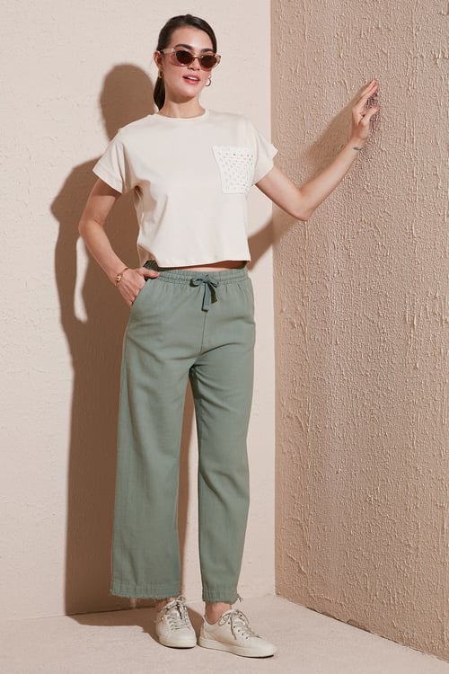 Pamuklu Relaxed Fit Yüksek Bel Geniş Paça Kadın Pantolon 668YP5275 HAKİ