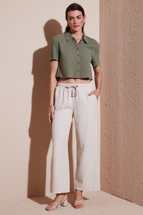 Pamuklu Relaxed Fit Yüksek Bel Geniş Paça Kadın Pantolon 668YP5275 TAŞ