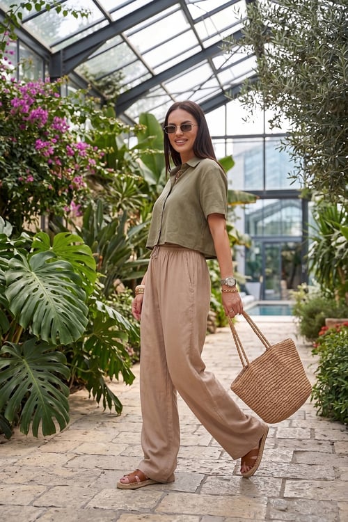 Pamuklu Relaxed Fit Yüksek Bel Geniş Paça Kadın Pantolon 668YP5559 TAŞ