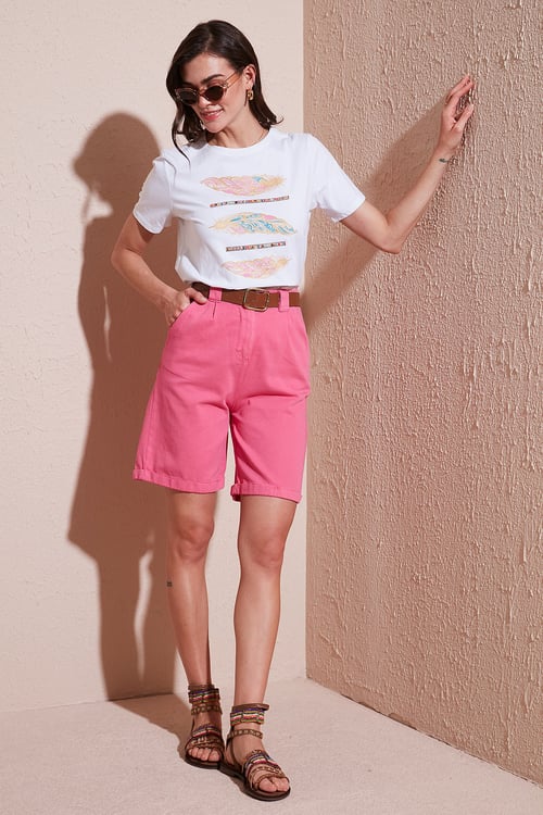 Pamuklu Relaxed Fit Yüksel Bel Kemerli Gabardin Short Kadın Şort 668YP4710 FUŞYA