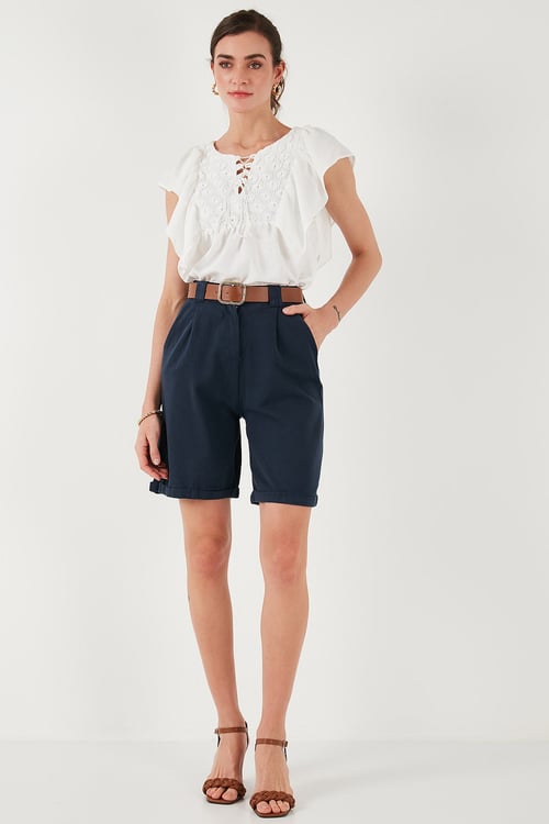 Pamuklu Relaxed Fit Yüksel Bel Kemerli Gabardin Short Kadın Şort 668YP4710 LACİVERT