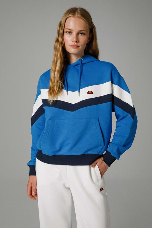 Pamuklu Renk Bloklu Oversize Fit Kapüşonlu Kadın Sweat EF178-SBL SAKS