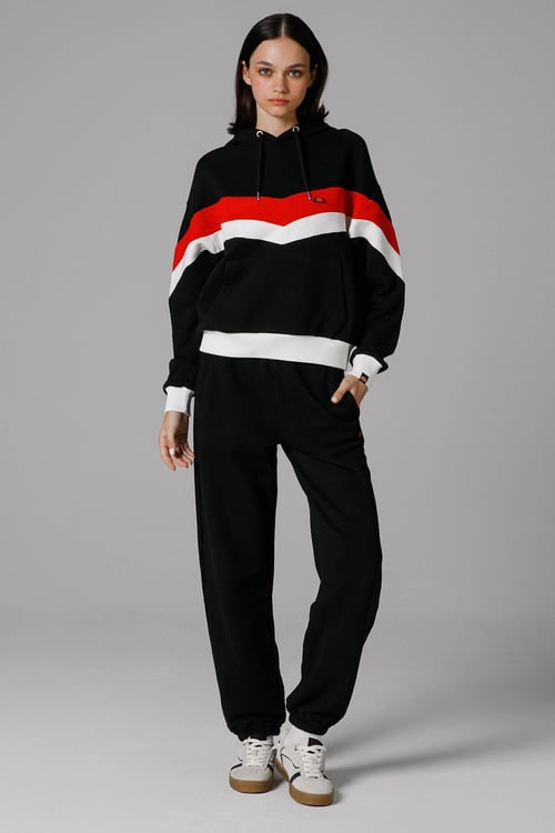 Pamuklu Renk Bloklu Oversize Fit Kapüşonlu Kadın Sweat EF178-BK SİYAH