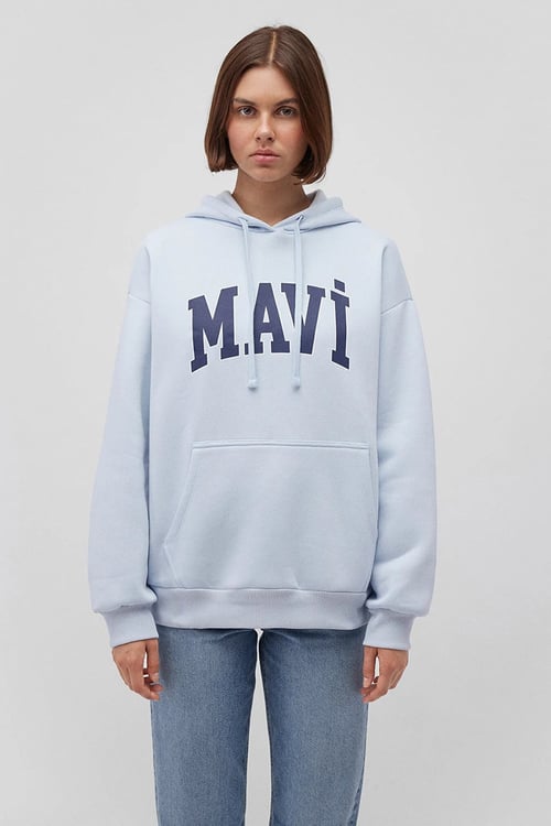 Pamuklu Şardonlu Oversize Fit Kapüşonlu Kadın Sweat 1600361-70717 AÇIK MAVİ