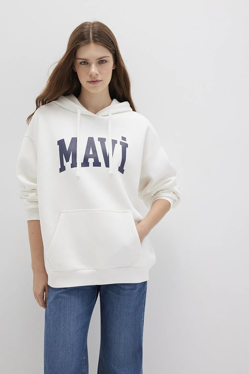 Pamuklu Şardonlu Oversize Fit Kapüşonlu Kadın Sweat 1600361-81964 KIRIK BEYAZ