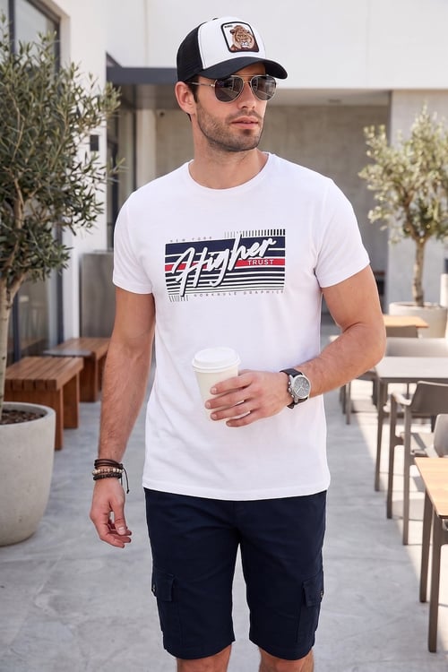 Pamuklu Slim Fit Bisiklet Yaka Baskılı Erkek T Shirt 541HIGHER BEYAZ