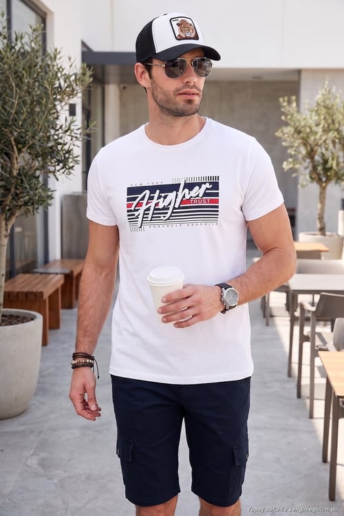 Pamuklu Slim Fit Bisiklet Yaka Baskılı Erkek T Shirt 541HIGHER BEYAZ
