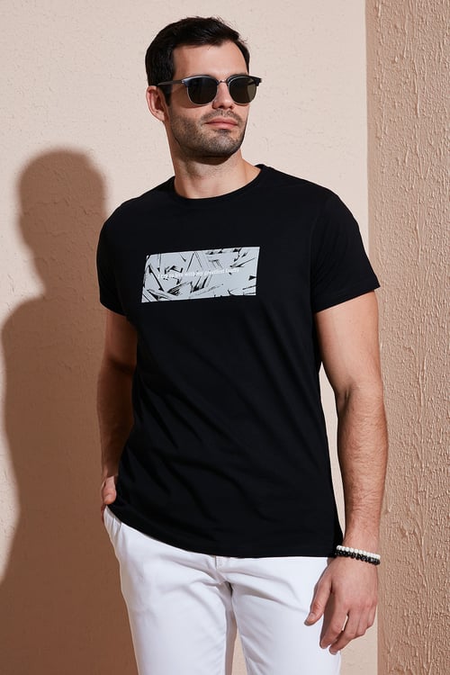Pamuklu Slim Fit Bisiklet Yaka Baskılı Erkek T Shirt 541TOLIVE SİYAH