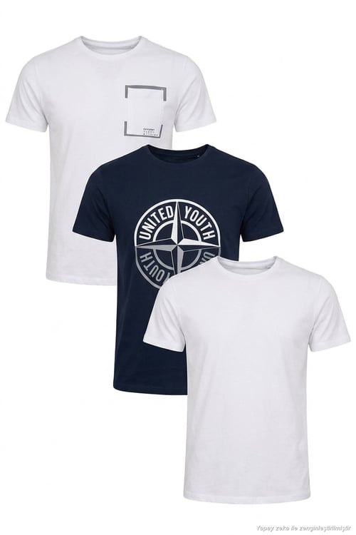 Pamuklu Slim Fit Bisiklet Yaka Baskılı 3'lü Paket Erkek T Shirt 541S31 Lacivert-Beyaz-Beyaz