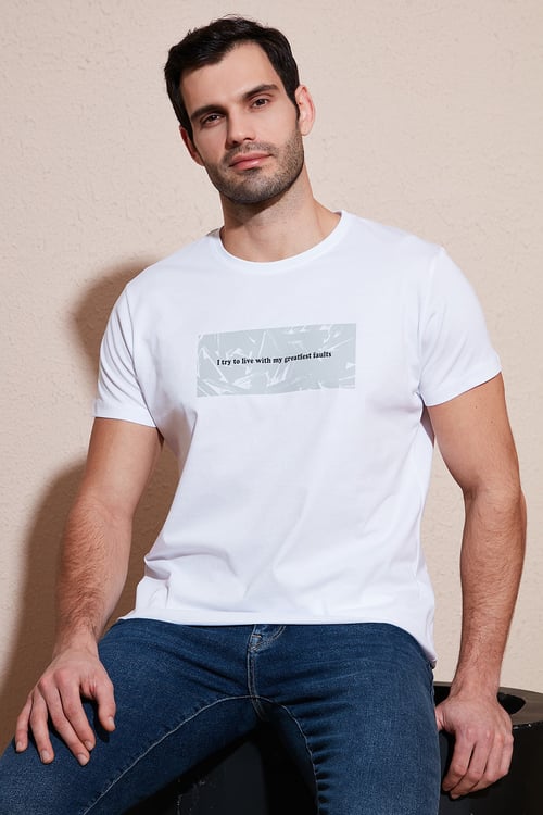 Pamuklu Slim Fit Bisiklet Yaka Baskılı Erkek T Shirt 541TOLIVE BEYAZ