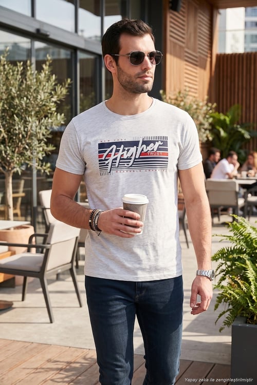 Pamuklu Slim Fit Bisiklet Yaka Baskılı Erkek T Shirt 541HIGHER AÇIK MELANJ
