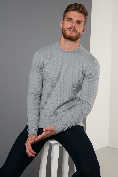 Pamuklu Slim Fit Bisiklet Yaka Erkek Kazak 6353401 AÇIK GRİ