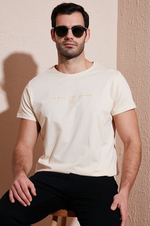Pamuklu Slim Fit Bisiklet Yaka Erkek T Shirt 541TACTICAL BEJ