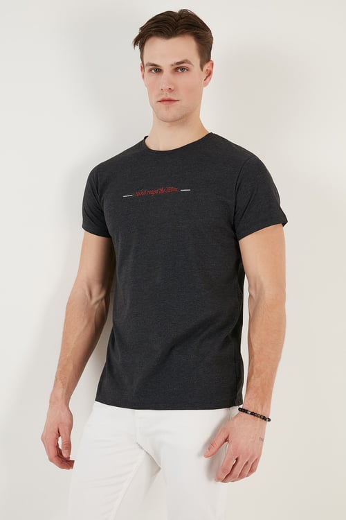 Pamuklu Slim Fit Bisiklet Yaka Erkek T Shirt 541WIND KOYU GRİ