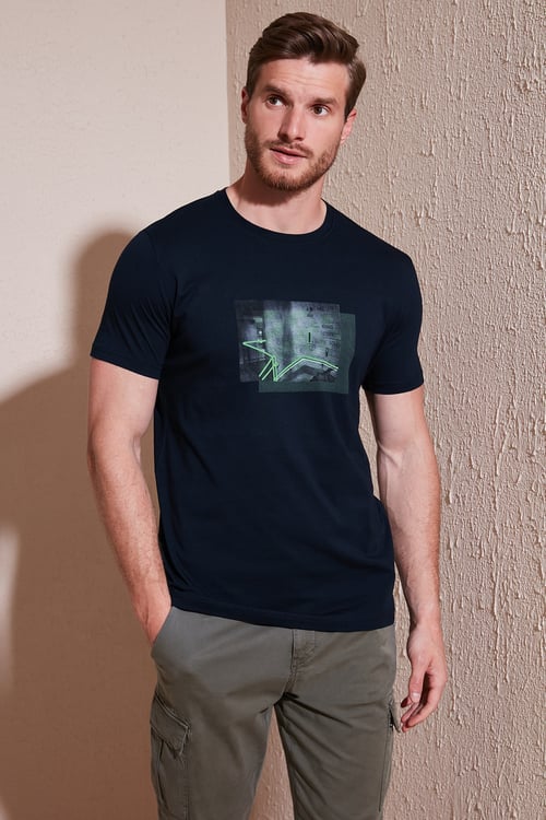 Pamuklu Slim Fit Bisiklet Yaka Erkek T Shirt 646R8120 LACİVERT