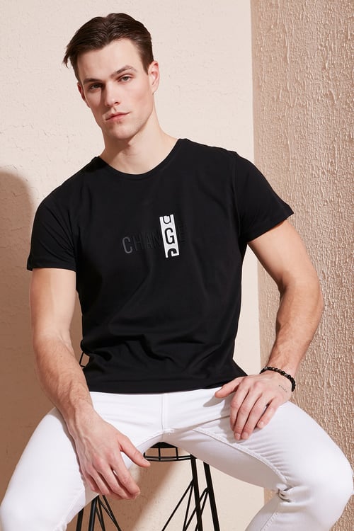 Pamuklu Slim Fit Bisiklet Yaka Erkek T Shirt 541CHANGE24 SİYAH