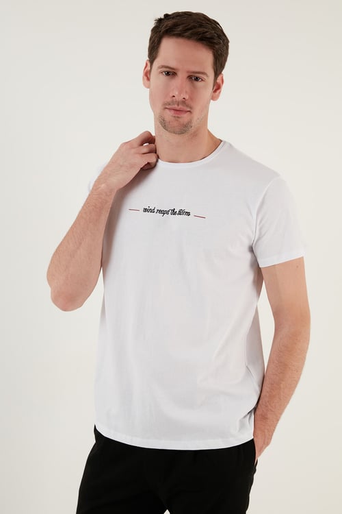 Pamuklu Slim Fit Bisiklet Yaka Erkek T Shirt 541WIND BEYAZ