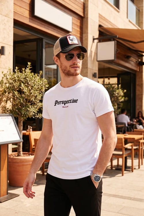 Pamuklu Slim Fit Bisiklet Yaka Erkek T Shirt 541PERSPECTIVE BEYAZ