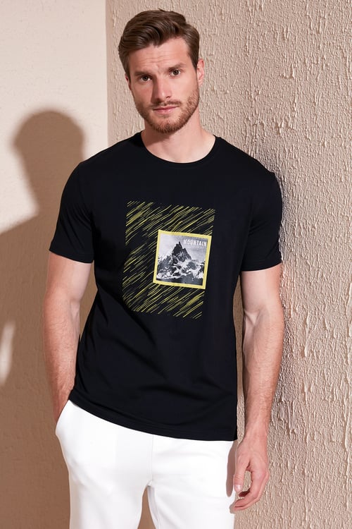 Pamuklu Slim Fit Bisiklet Yaka Erkek T Shirt 646R8320 SİYAH