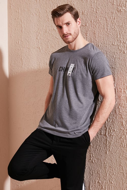 Pamuklu Slim Fit Bisiklet Yaka Erkek T Shirt 541CHANGE24 ANTRASİT