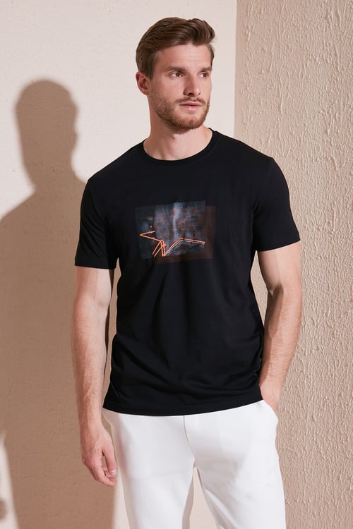 Pamuklu Slim Fit Bisiklet Yaka Erkek T Shirt 646R8120 SİYAH